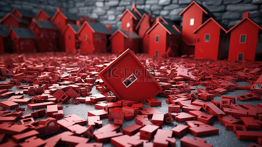 有一个问题背景图片_质疑住房危机 3D 渲染的红房子，上面有一个神秘的标志