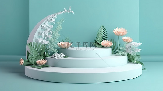 产品展示平台 3d 渲染讲台与纸艺风格的花朵和叶子
