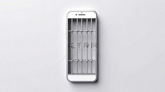 科技包围背景图片_白色背景上白色屏幕包围手机的金属笼的 3D 渲染