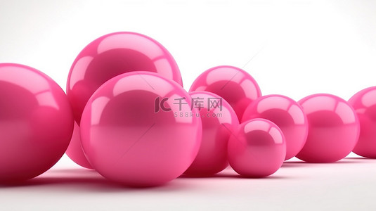 白色背景上抽象渲染中的逼真 3D 球粉红色气泡和动态球体