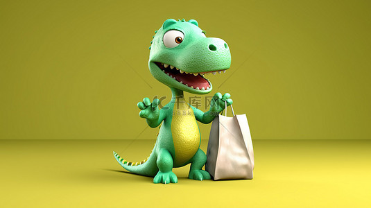 搞笑的 3D 恐龙手里拿着袋子准备购物