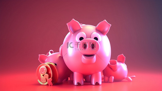 猪的背景背景图片_卡通风格 3D 渲染的存钱罐和硬币代表金融投资和货币概念的背景