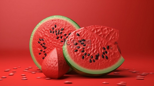 西瓜的红色背景 3D 渲染完美适合您的夏日氛围