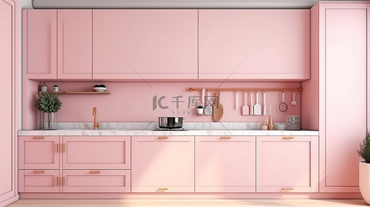 卧室背景与厨房柜台和橱柜的卡通风格 3d 渲染