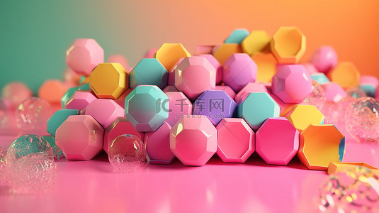 少女儿童背景图片_充满活力的 3D 六边形粉彩装饰着玻璃气泡和阴影，适合粉红色背景上的儿童项目