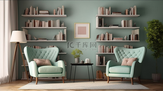 舒适的客厅装饰着毛绒扶手椅和丰富的书架 3D 渲染