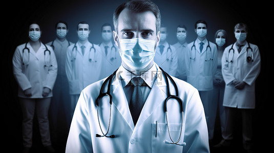 医护团队背景图片_男医生肖像与医疗团队无缝融合，形成令人惊叹的 3D 合成图像