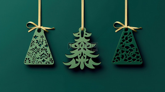 问候牌背景图片_3D 渲染孤立的圣诞树标签，带有绿色背景的礼物