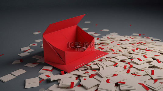 3D 渲染中一堆闭合红色字母上方的一个打开的信封和空白卡