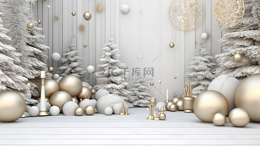假期来了吗背景图片_节日背景下装饰圣诞饰品和白松的 3D 渲染