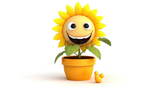 向日葵花卡通背景图片_白色背景花盆中微笑的 3D 向日葵卡通
