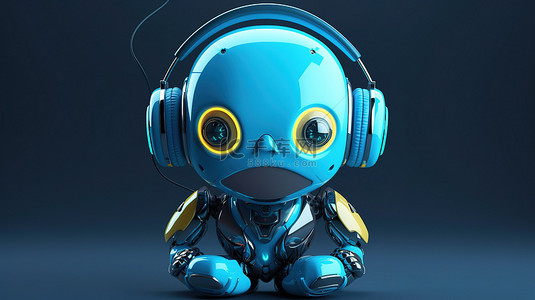 卡通穿着人工智能机器人与耳机可爱的 3D 渲染