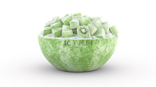 卡通风格 3d 渲染的绿色瓜 bingsu 刨冰隔离在白色背景上