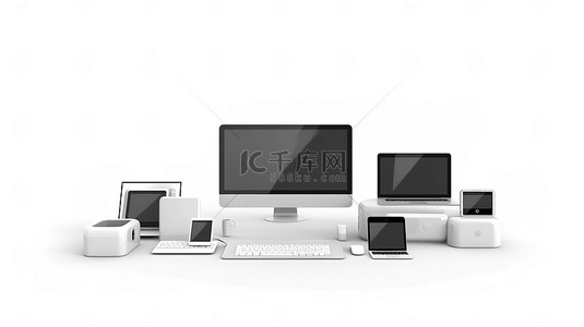 空白屏幕技术样机 3D 渲染孤立的计算机和电话设置在白色背景