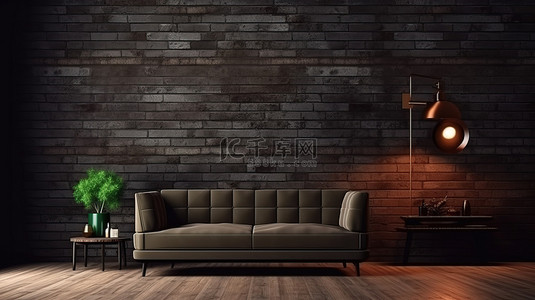 室内设计 3D 渲染的时尚木制家具房间，配有软垫织物配件和深色砖墙