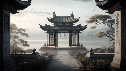 屋檐古代背景图片_亭台楼阁插画背景