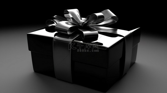 银色丝带和蝴蝶结装饰 3d 黑色礼品盒
