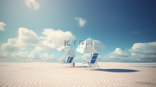 悬挂的星球背景图片_外太空绿洲 3d 渲染的沙滩椅和悬挂在银河系中的雨伞