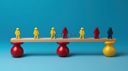 彩色团队棋子在木制跷跷板红色和黄色人物上，以俏皮的平衡 3D 渲染