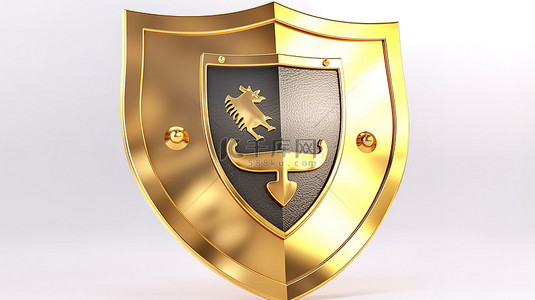 防御盾牌背景图片_3D黄金中世纪盾牌是白色背景上保护安全和防御的象征