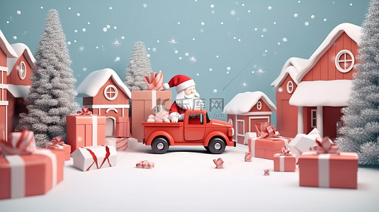 鹿卡通背景图片_喜庆的圣诞卡车和3D圣诞老人带来欢乐的庆祝活动