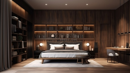 垫桌背景图片_带书架垫和 3D 渲染木质装饰的现代豪华卧室套房