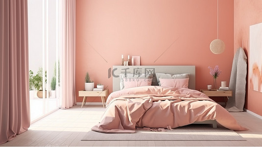 卧室内部的 3D 渲染，配有一张带粉色枕头和床罩的床