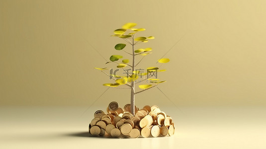 3D 渲染一棵最小的树与硬币花作为有利可图的投资的插图