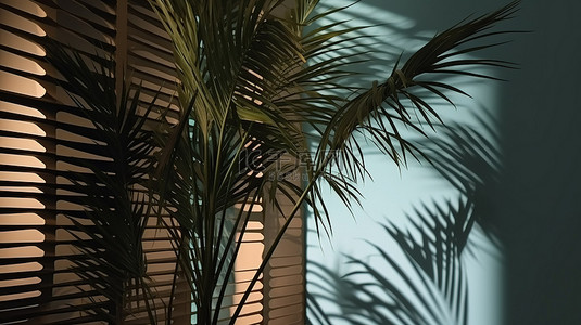 3d 渲染的棕榈叶在抽象墙背景上投射阴影