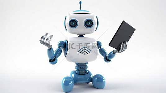 无线wifi背景图片_带有蓝色 wi fi 符号的可爱机器人在纯白色背景下的 3d 渲染