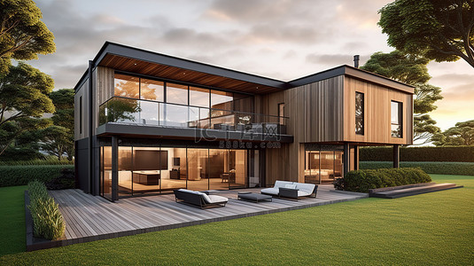 阳台景观背景图片_现代豪宅，拥有宽敞的木地板和修剪整齐的 3D 草坪