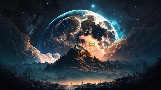 梦幻星空宇宙蓝色背景图片_月球山脉星空美丽背景