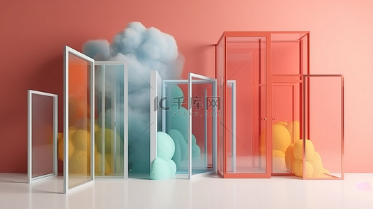 简约的几何 3D 渲染，色彩鲜艳，具有云和透明门道具