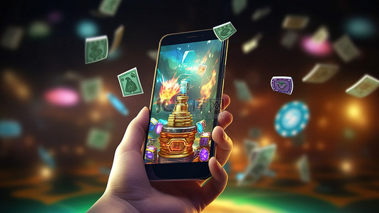 启动金融背景图片_卡通手拿着智能手机在一堆钱中启动获胜的在线赌场应用程序的 3D 渲染