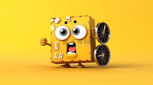 电影角色背景图片_3D 渲染的闹钟角色吉祥物，在充满活力的黄色背景下拿着电影拍板