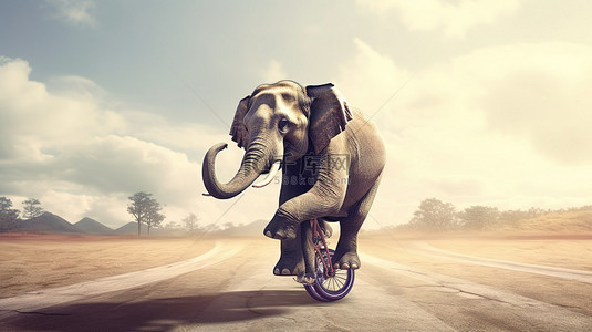 3d 插图一头非洲大象熟练地在独轮车上保持平衡