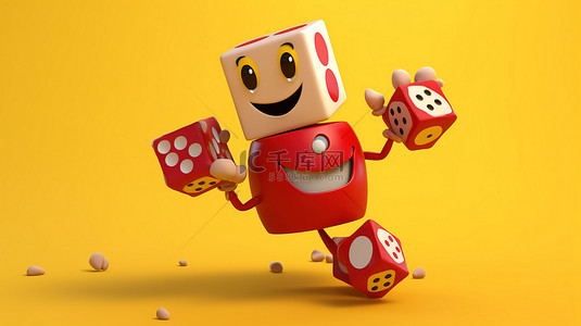 游戏世界背景图片_3D 渲染黄色背景，地球仪角色吉祥物骑在飞行中的红色游戏骰子上