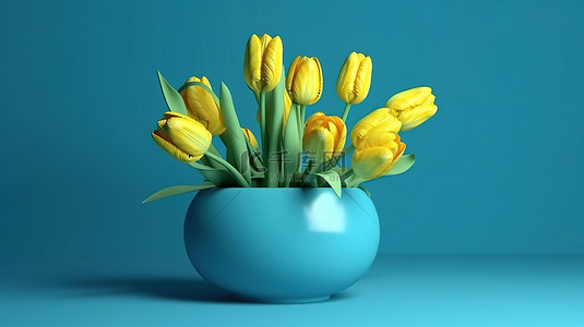 妇女节蓝色背景图片_蓝色背景 3D 渲染图像上花瓶中的黄色郁金香花