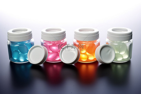 四个塑料容器，装有不同颜色的药物