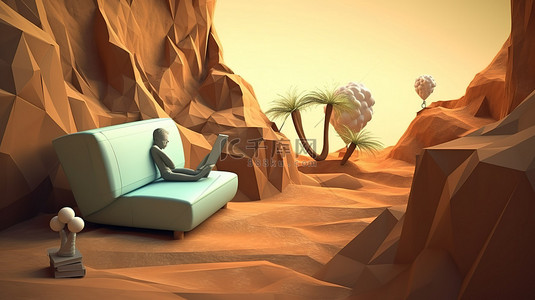 一个 3D 头像在抽象风景中带着笔记本在沙发上放松
