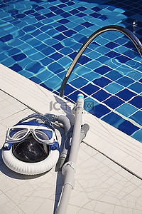 蓝色休息背景图片_配有水肺潜水设备的游泳池，在阳光下休息