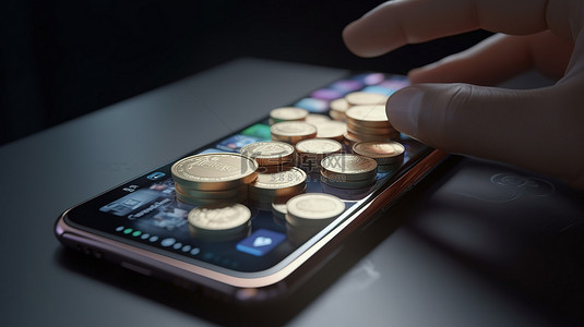 卡通手持硬币在智能手机上用于在线支付省钱和投资 3D 渲染插图