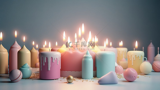 柔和主题的生日派对横幅 3d 渲染蛋糕与蜡烛