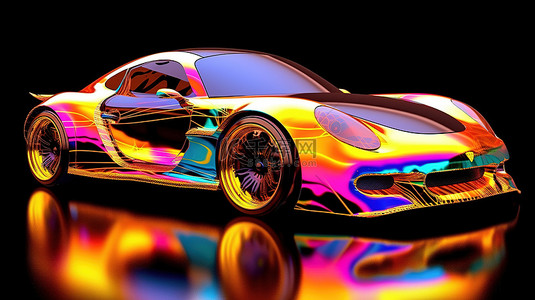 抽象 3D 插图中的空气动力学玩具车，银色表面上具有引人注目的彩色和发光反射