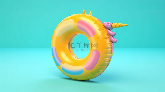 异想天开的 3D 渲染充气独角兽环，在令人愉悦的黄色背景下享受夏季泳池乐趣