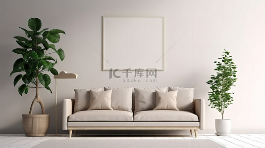 照片模板海报背景图片_简约的房间，配有灰色沙发桌植物和令人惊叹的画布照片模型 3D 渲染