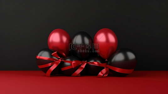 充满活力的红色气球簇，彩色背景上带有丝带 3D 渲染，适合节日场合和购物活动