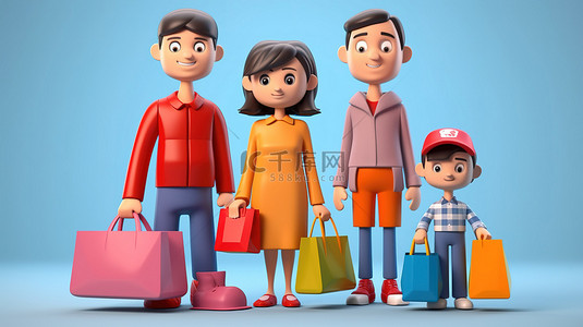 购物之旅中快乐的家庭 3d 渲染