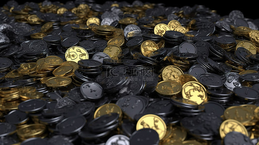 在 3D 渲染中关闭众多黑色金属和比特币金币的视图