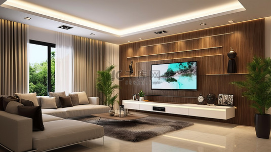 液晶电视背景图片_带有内置照明和平板电视的客厅的 3D 渲染